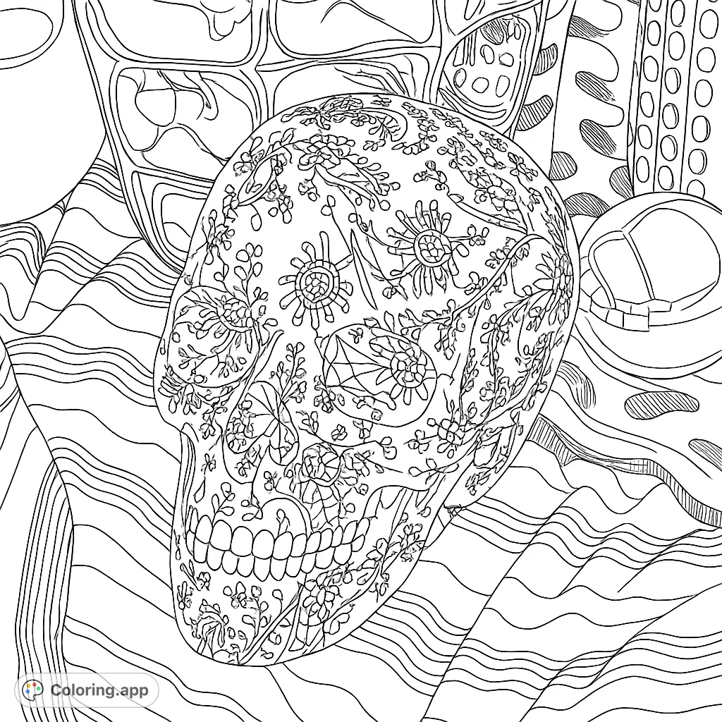 An intricately patterned skull rests on striped fabric, surrounded by reflective objects. A detailed gothic skull coloring page for adults.