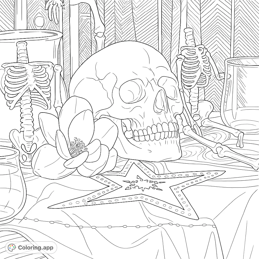 A striking still life featuring a detailed skull, two skeletal figures, and a large bloom, set against a backdrop of intricate patterns. Perfect for a unique coloring experience.