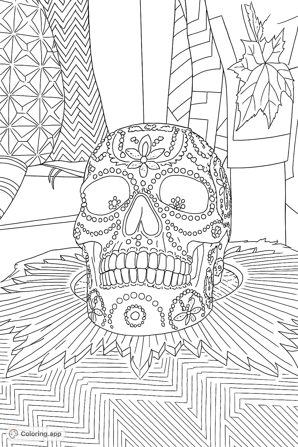 An intricately decorated skull, adorned with patterns and resting on a starburst base, perfect for detailed coloring.