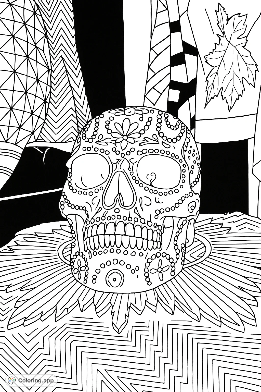 An intricately decorated skull, adorned with patterns and resting on a starburst base, perfect for detailed coloring.