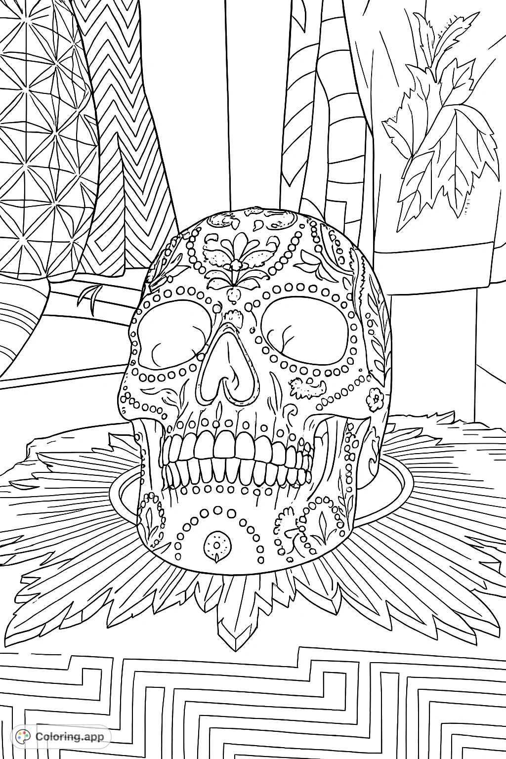 An intricately decorated skull resting on a starburst base, surrounded by patterned elements. Perfect for detailed coloring.