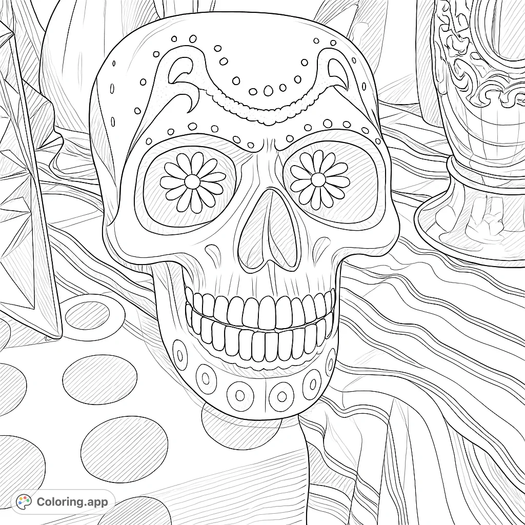 An intricately decorated skull with swirling patterns, floral eye designs, and detailed textures, set against patterned fabrics. A challenging and engaging coloring experience.