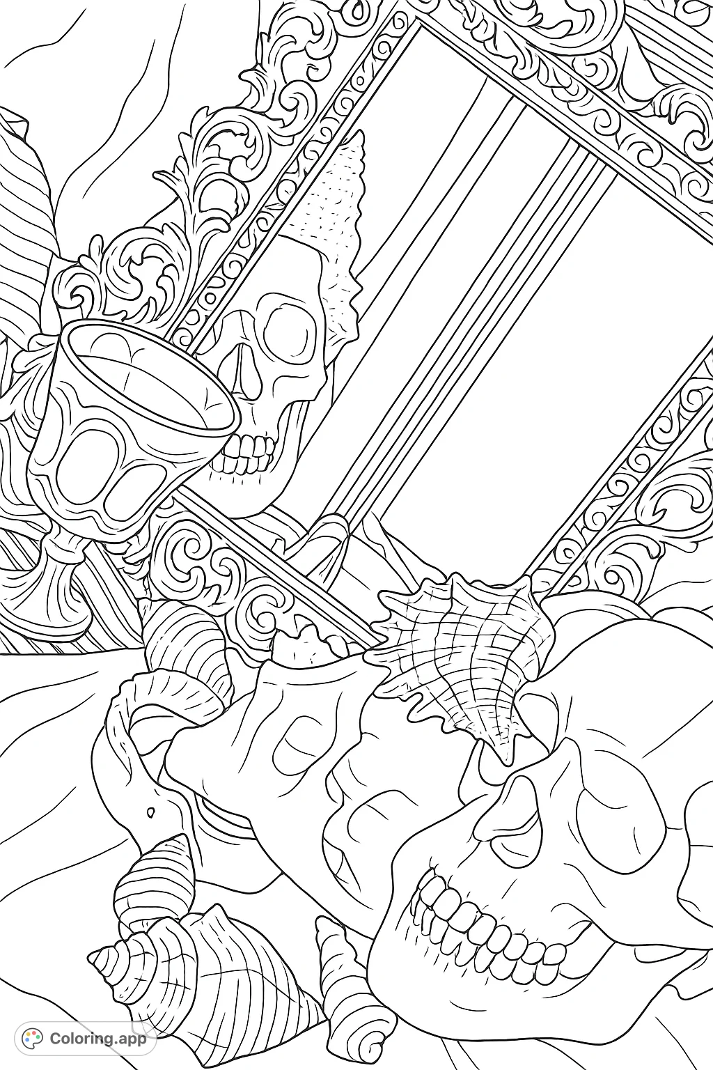 An intricate gothic still life coloring page featuring skulls, ornate frames, and seashells. Perfect for detailed coloring and artistic expression.