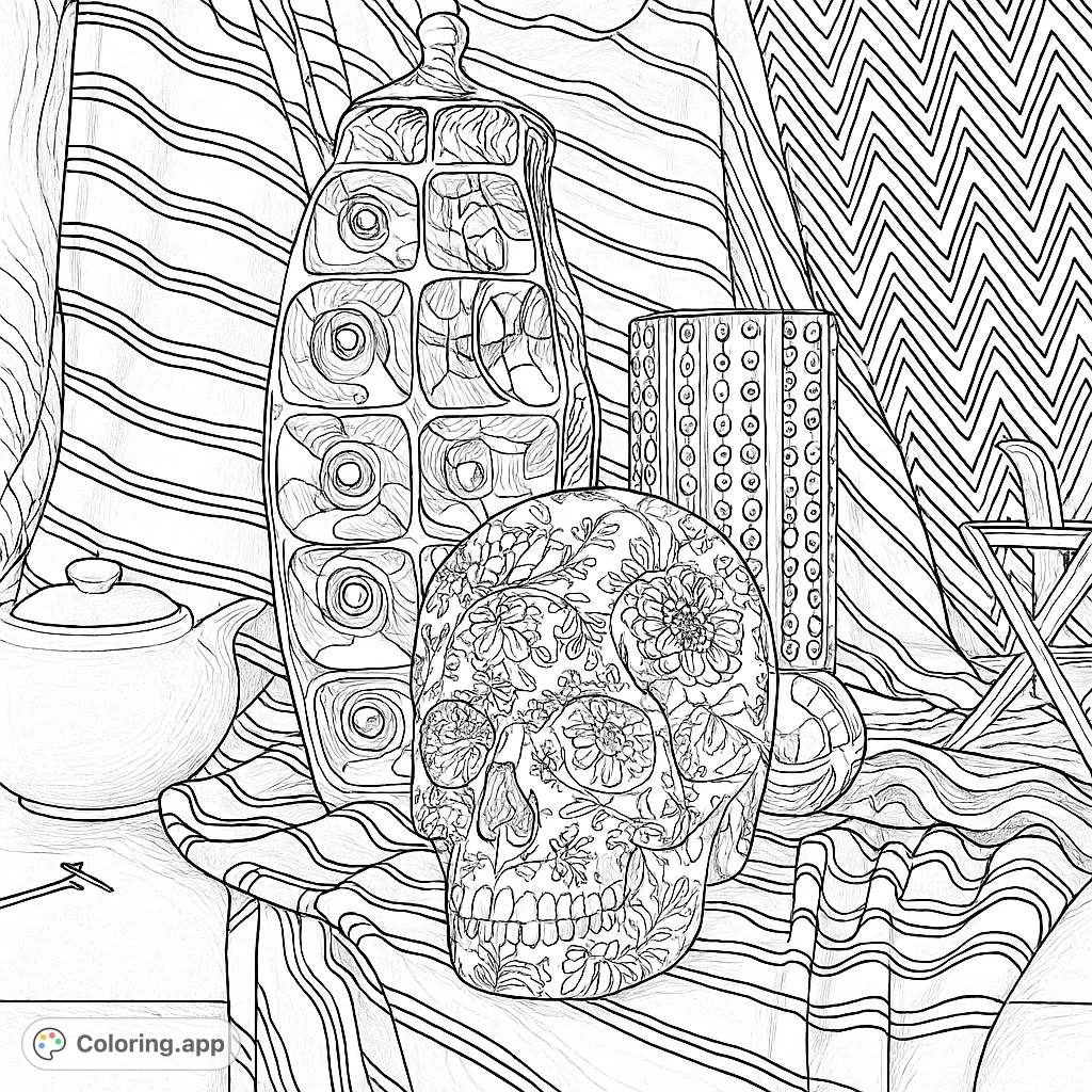 An intricate skull adorned with delicate patterns, surrounded by decorative vases, a teapot, and patterned fabrics, creating a sophisticated still life scene.