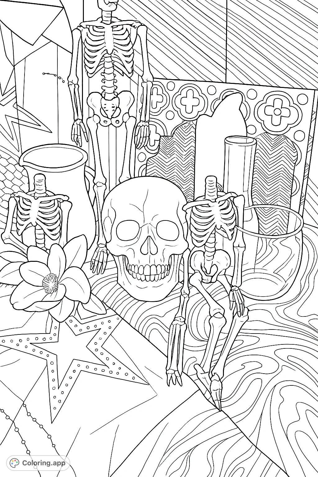 Explore a unique still life featuring skeletons, a skull, and scientific glassware amidst patterned fabrics. A challenging and creative coloring page.