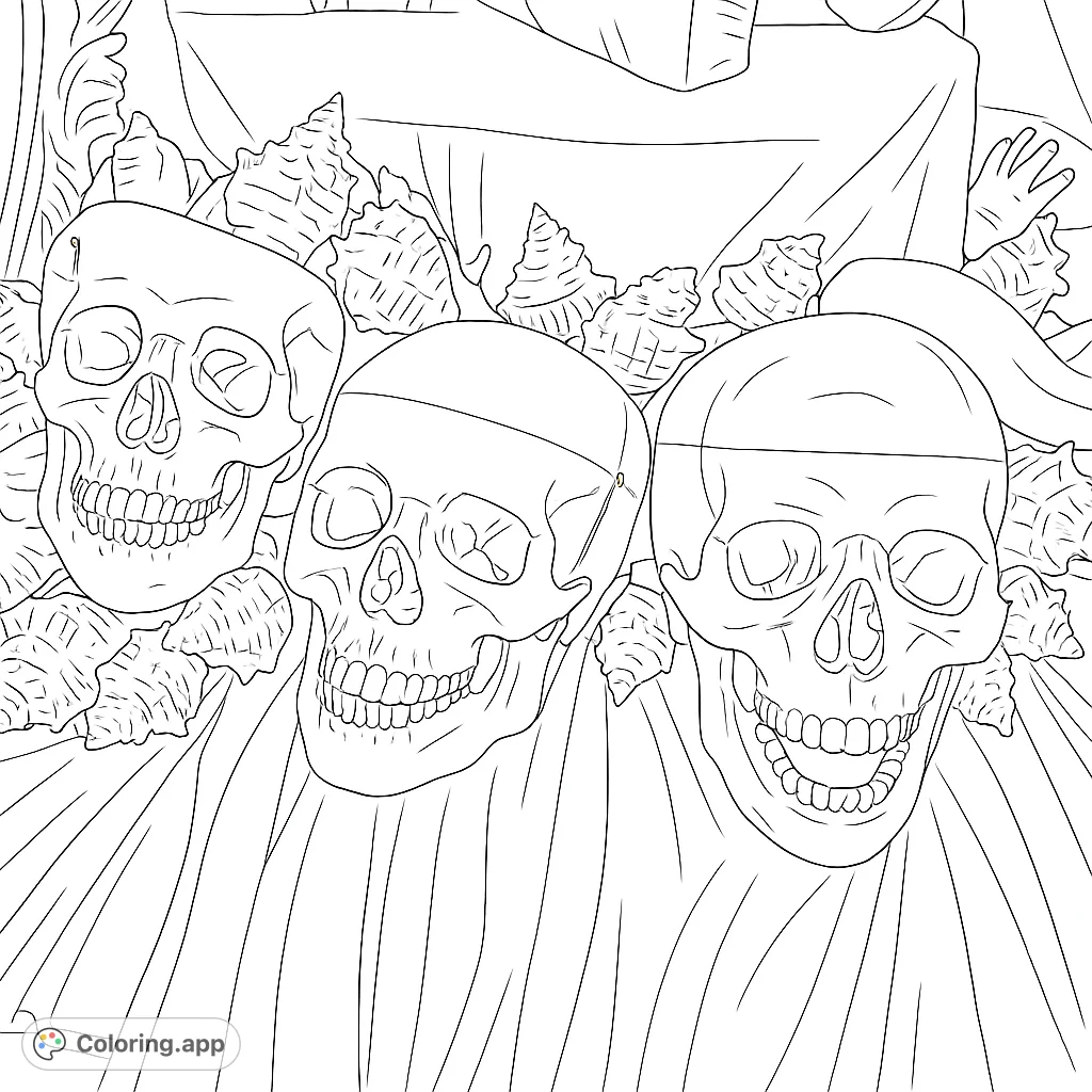 Explore a unique arrangement of three realistic human skulls nestled among a variety of textured seashells. A captivating and detailed scene for creative coloring.