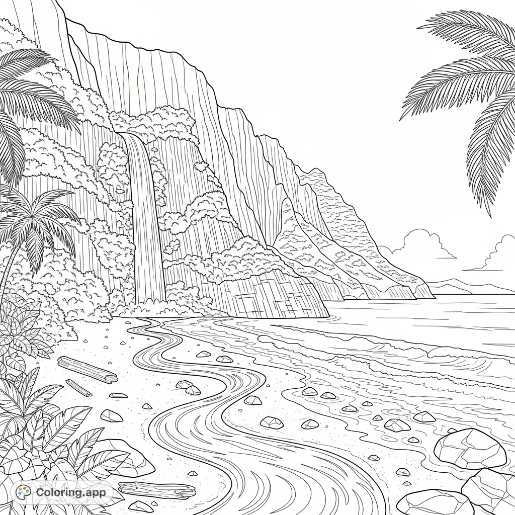 Immerse yourself in a stunning Hawaii beach scene, featuring the majestic Napali Coast, a cascading waterfall, and a serene stream flowing into the ocean.