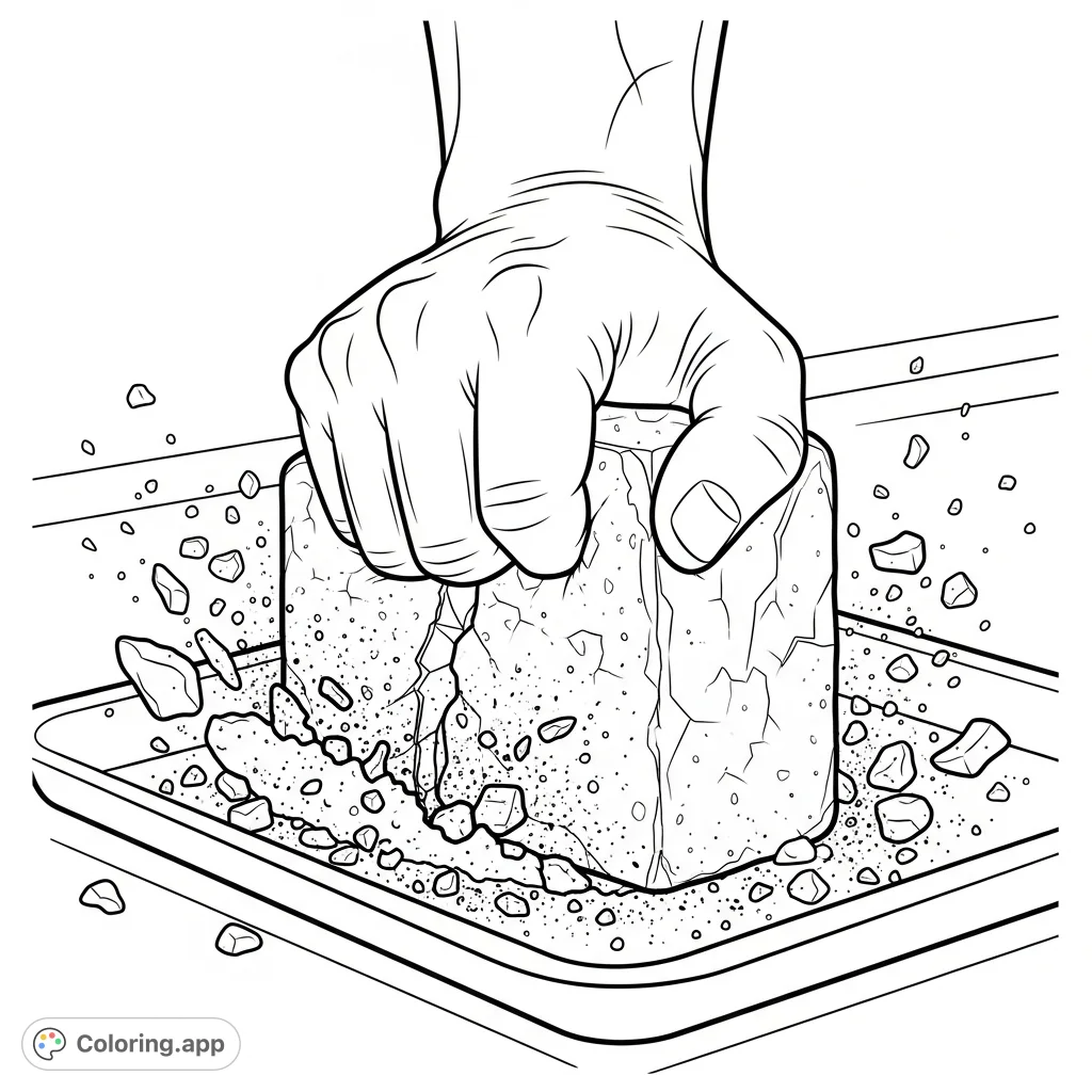 Experience the satisfying visual of gym chalk crushing in this detailed ASMR coloring page. A hand presses down, creating powder and fragments.