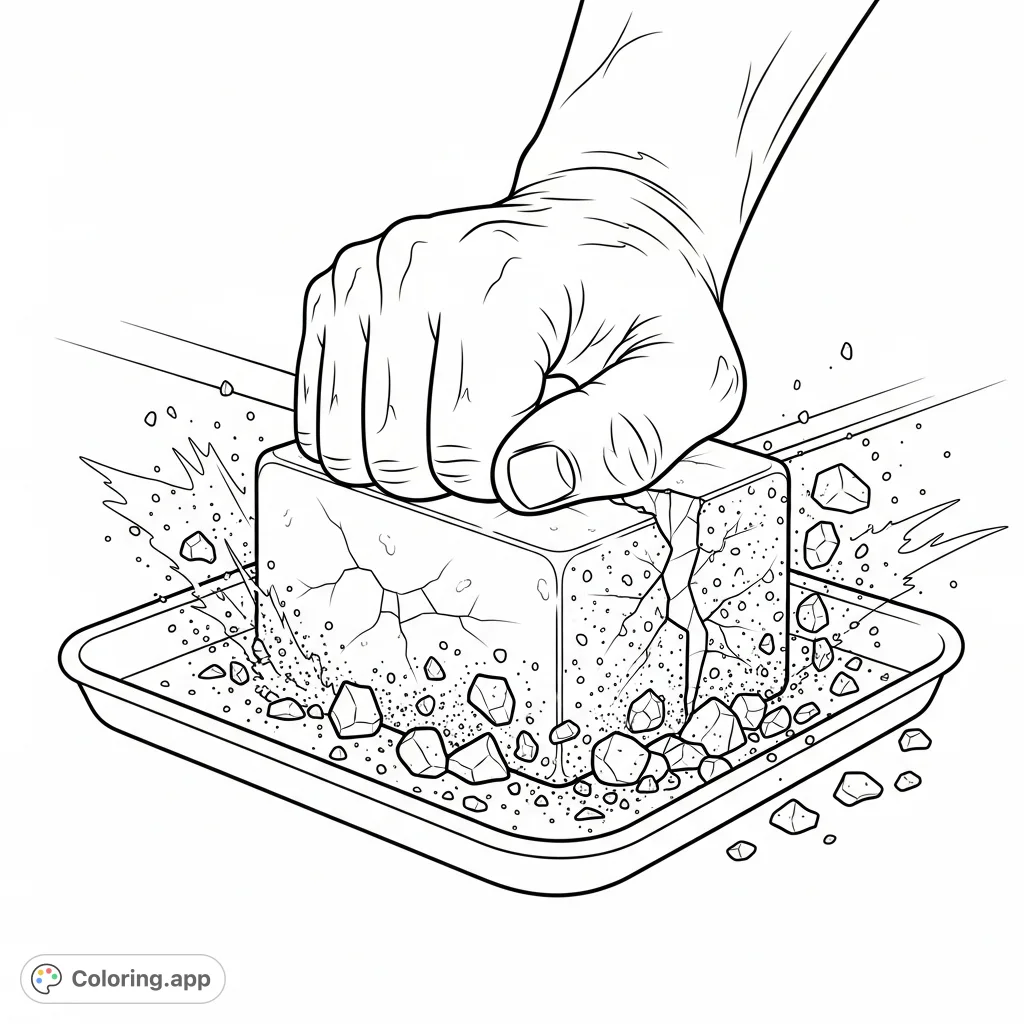 Experience the satisfying visual of gym chalk crushing in this detailed ASMR coloring page. A hand presses down, creating powder and fragments.