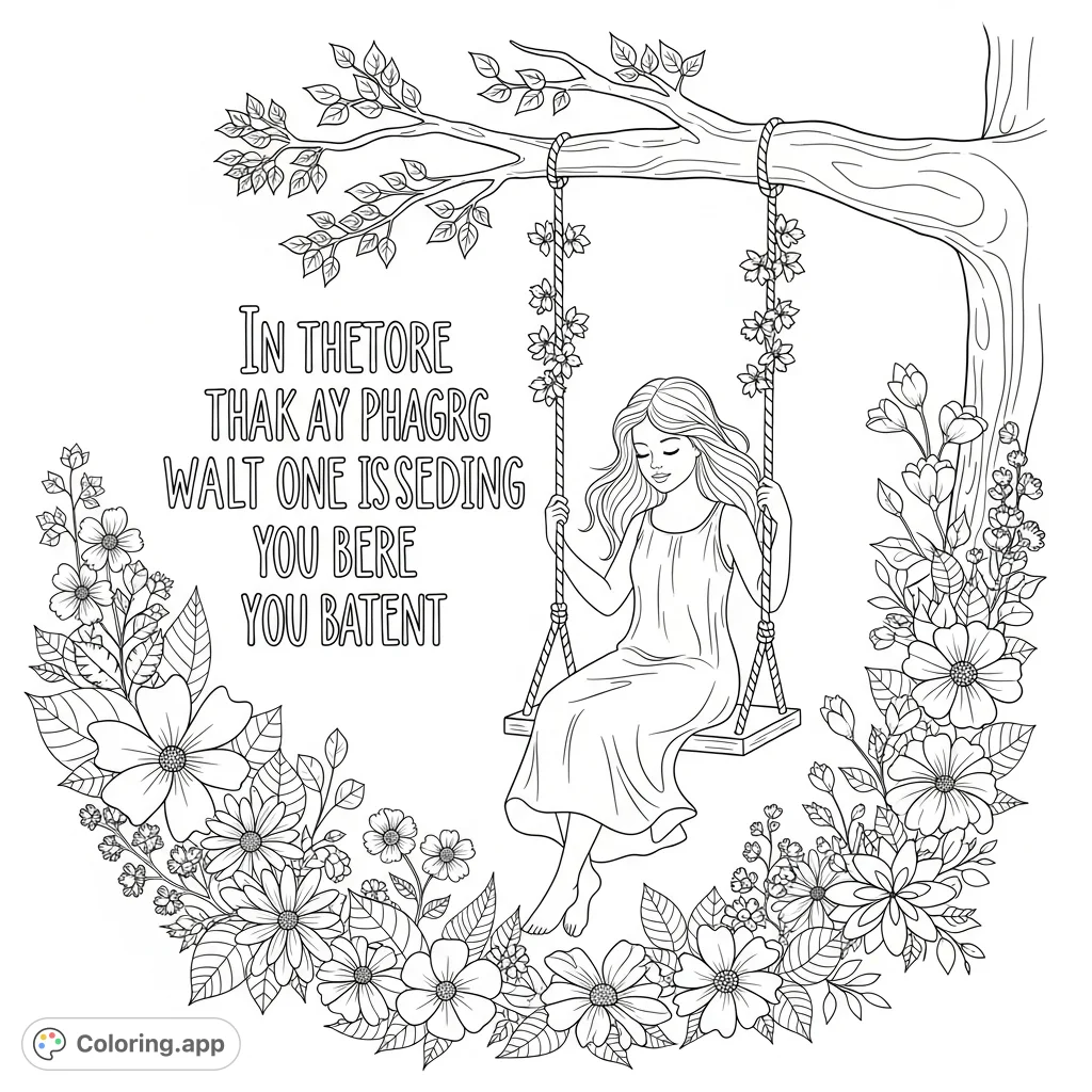 A serene coloring page featuring a girl on a swing, surrounded by a beautiful assortment of flowers and leaves, with an uplifting inspirational quote.