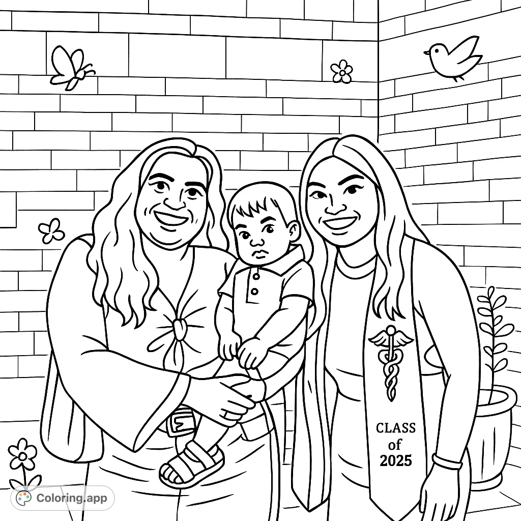 Celebrate a special graduation with this heartwarming scene featuring a proud graduate, a loving family member, and an adorable baby. A joyful moment to color.