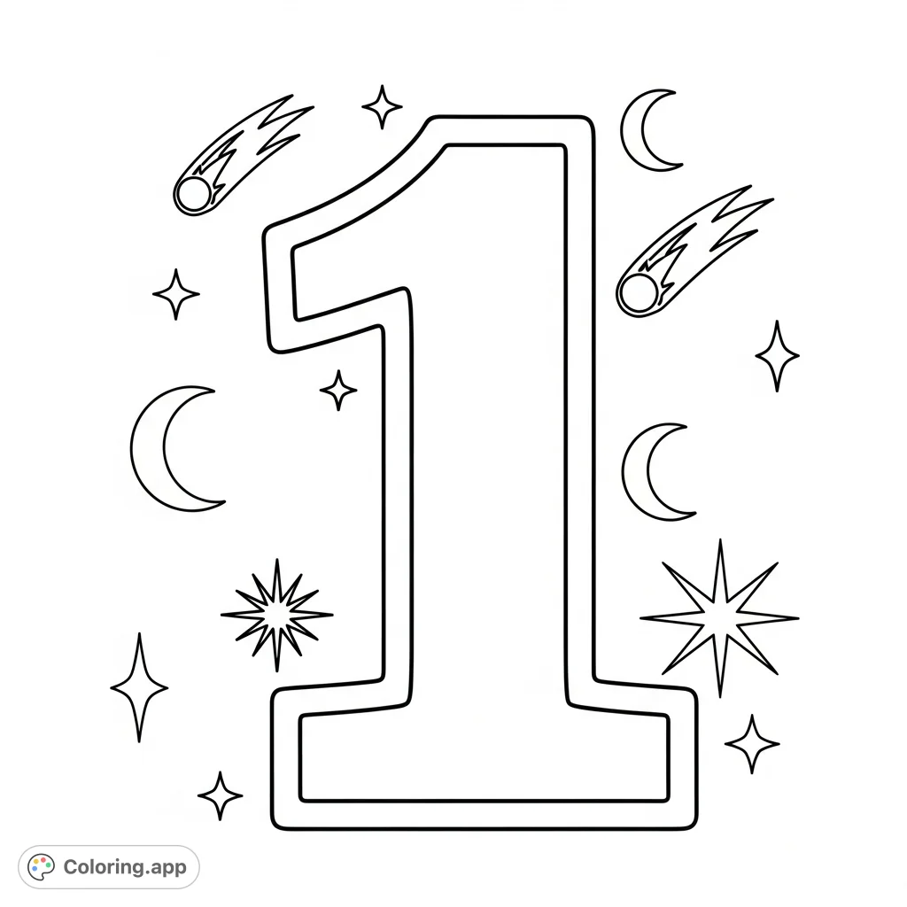 A simple, bold outline of the number 1, perfect for young colorists to practice numbers and unleash creativity. Large spaces make coloring easy and fun.