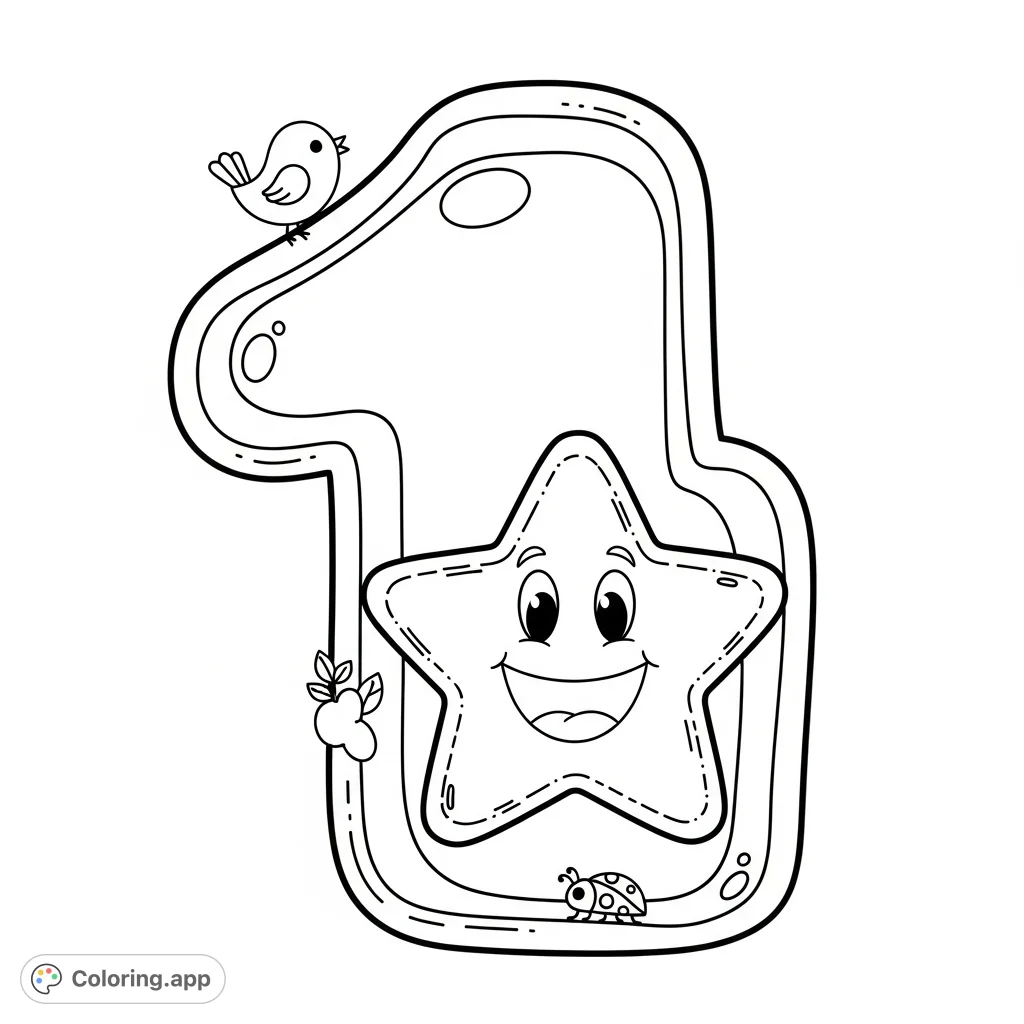 A delightful bubble number 1 coloring page featuring a big, smiling star inside. Perfect for young learners and celebrations, offering simple, engaging fun.