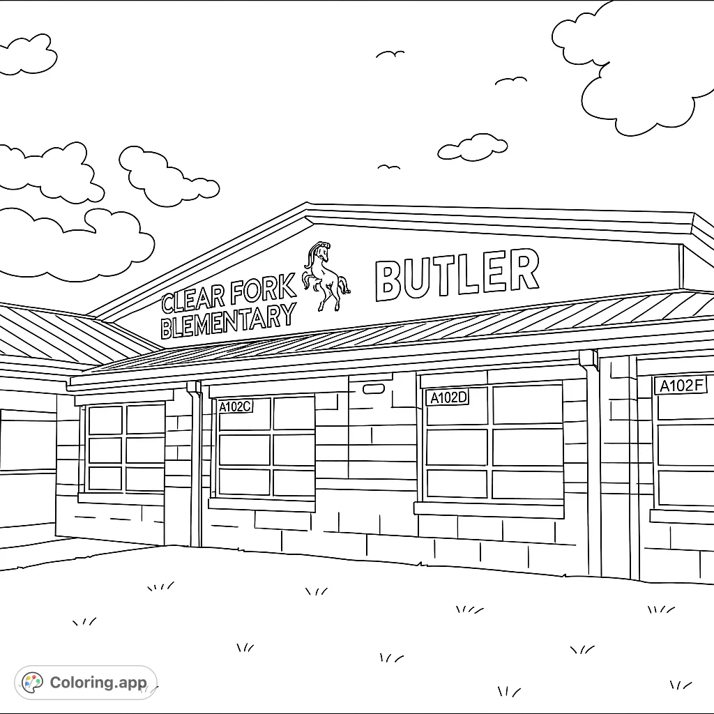 Color a detailed elementary school building with a prominent sign, windows, textured walls, and a grassy foreground under a cloudy sky. Perfect for all ages!