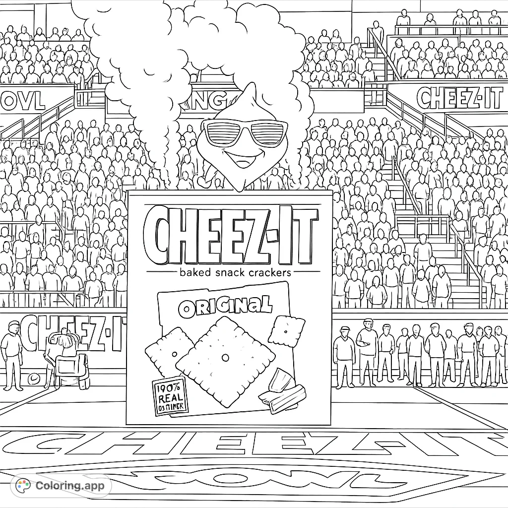 A lively stadium scene featuring a cool cracker mascot emerging from a giant snack box, surrounded by a cheering crowd. A fun, energetic coloring page.