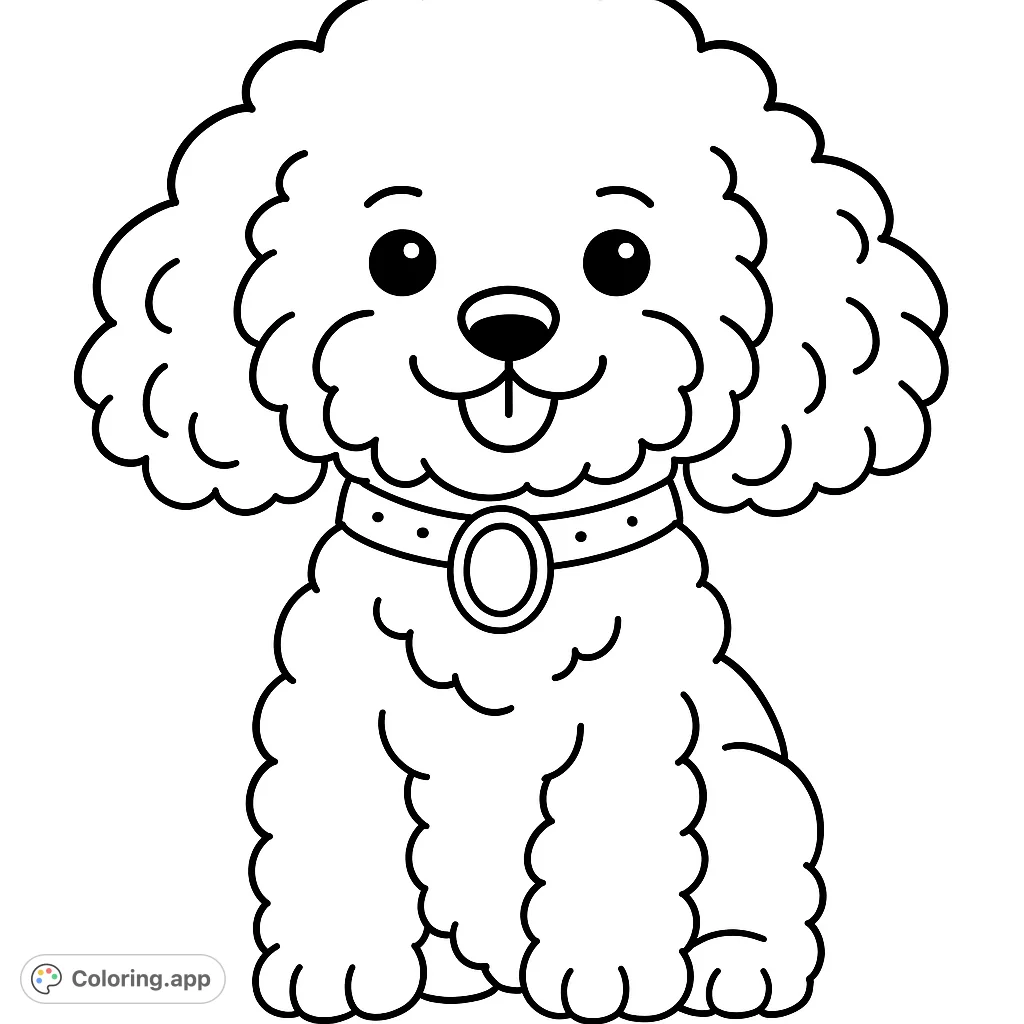 A delightful coloring page featuring a happy, fluffy dog with a charming smile and a decorative collar, perfect for a fun and relaxing coloring experience.