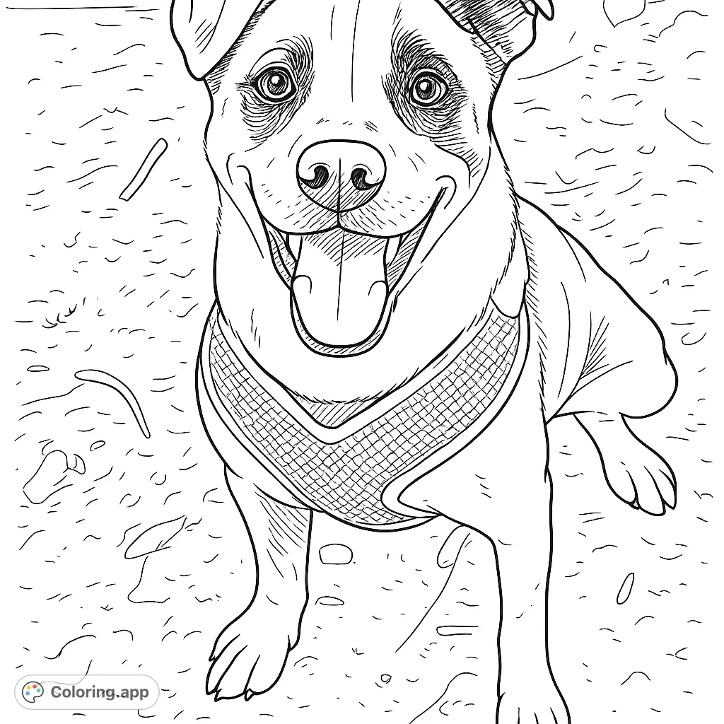 A cheerful dog wearing a harness, sitting patiently on a textured ground. Perfect for dog lovers to color and bring to life.