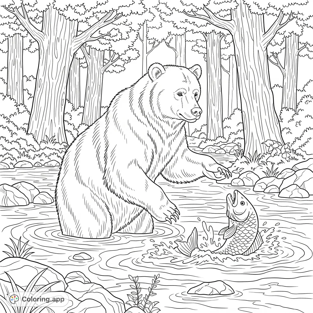 A powerful bear stands in a forest river, expertly fishing for a large, detailed fish. A captivating wilderness scene.