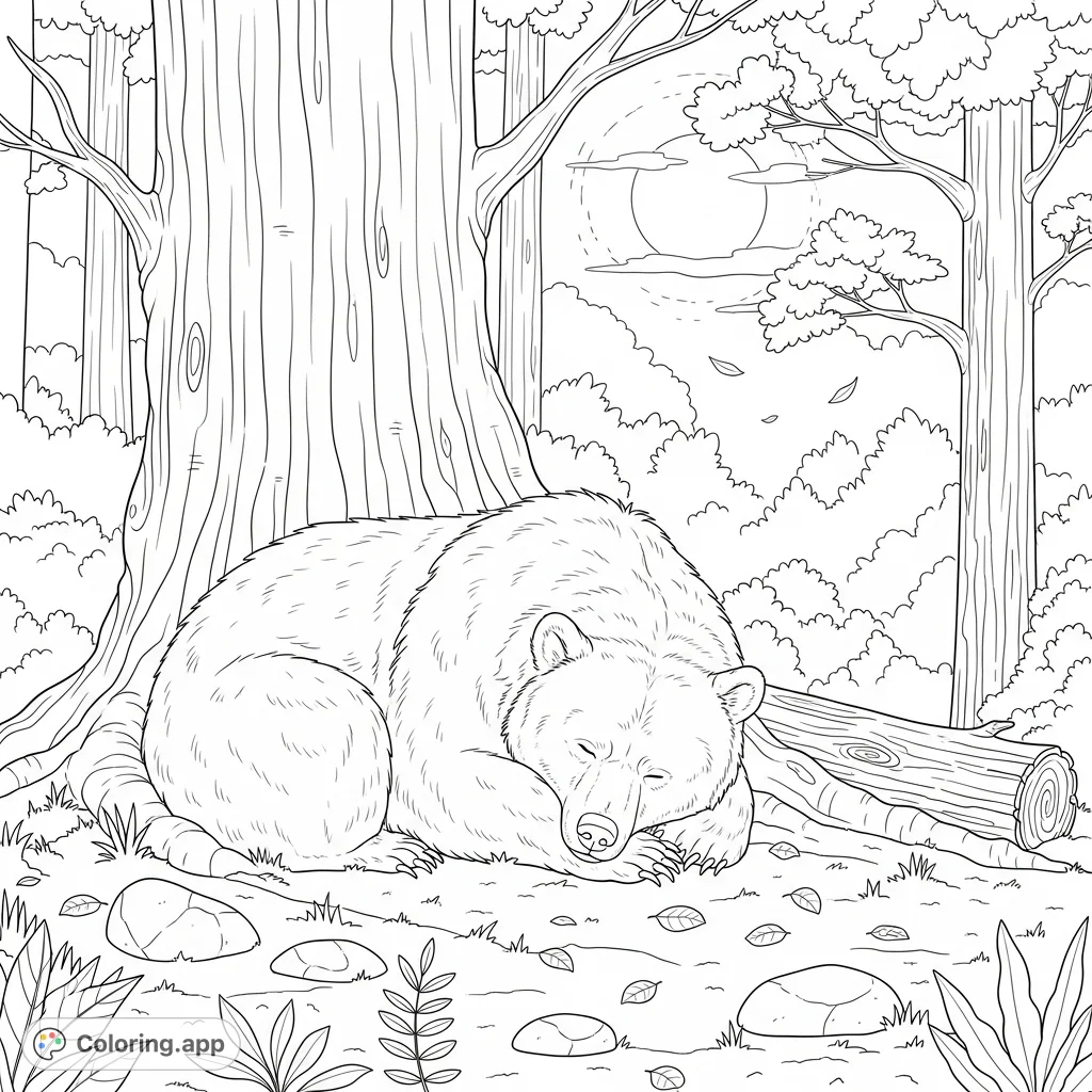 A peaceful bear sleeps soundly at the base of a tree in a moonlit forest, surrounded by nature's calm. Perfect for a tranquil coloring experience.