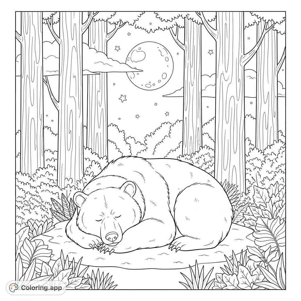 Discover a serene forest scene featuring a peaceful bear sleeping under the soft glow of a full moon. A tranquil nature coloring page for all ages.