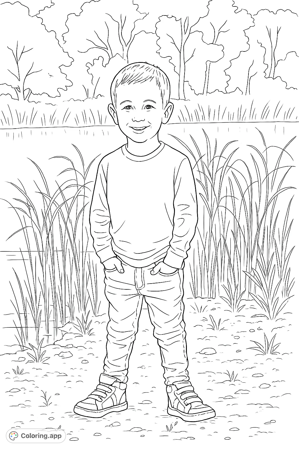 A cheerful boy stands by a serene lake, surrounded by tall reeds and distant trees. A delightful nature scene for creative coloring.