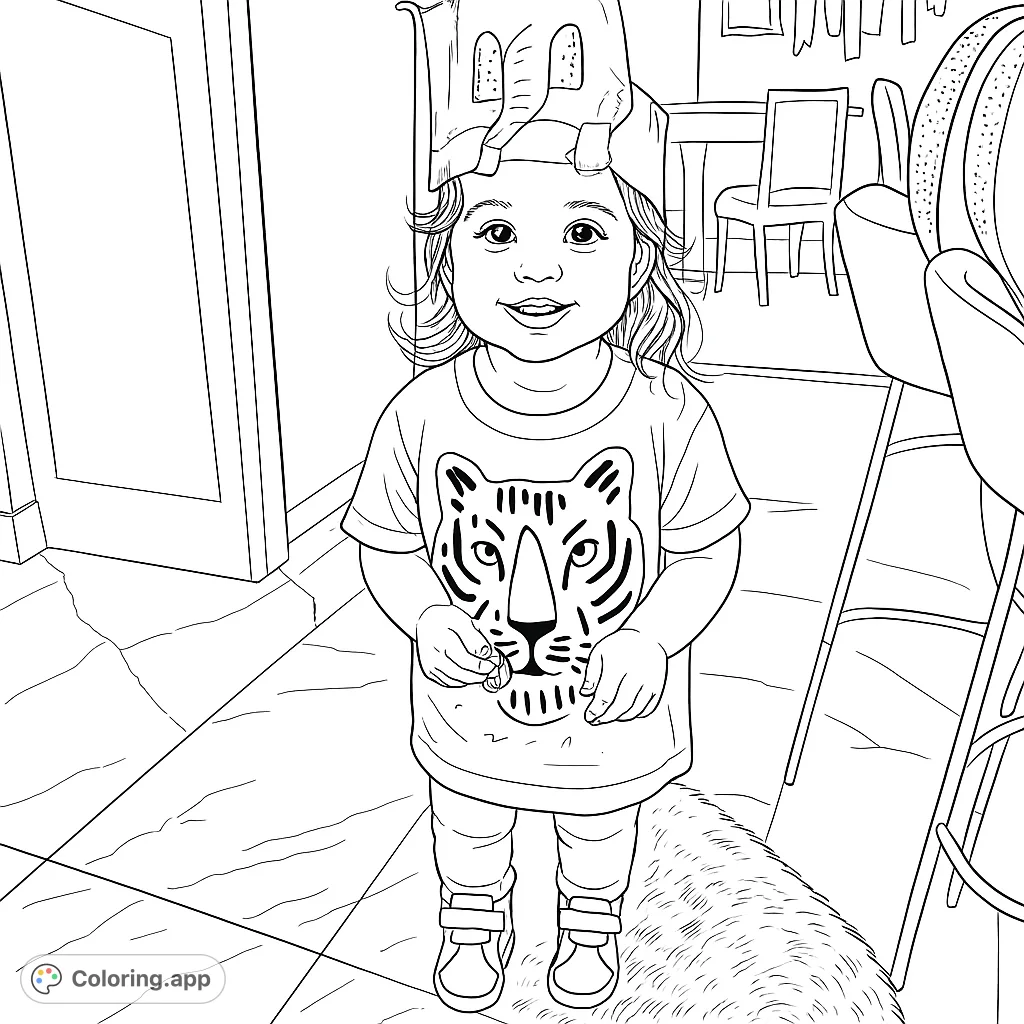 A delightful toddler wearing a unique paper crown and a fun animal-print shirt, holding a treat. Perfect for a charming child coloring page.