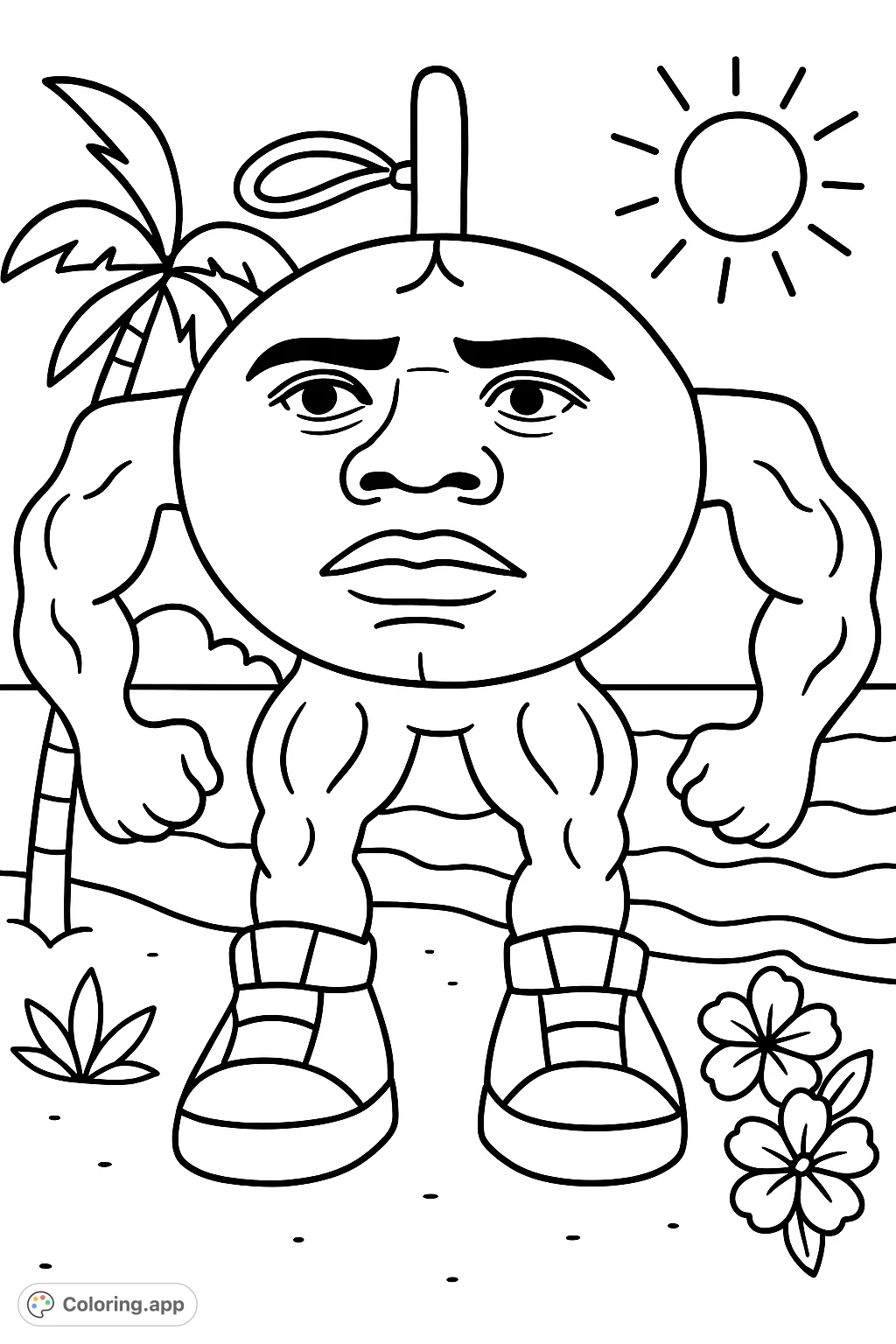 A unique muscular potato character with a human face, standing on a beach with plants and flowers. A fun and quirky free printable coloring page for all ages.
