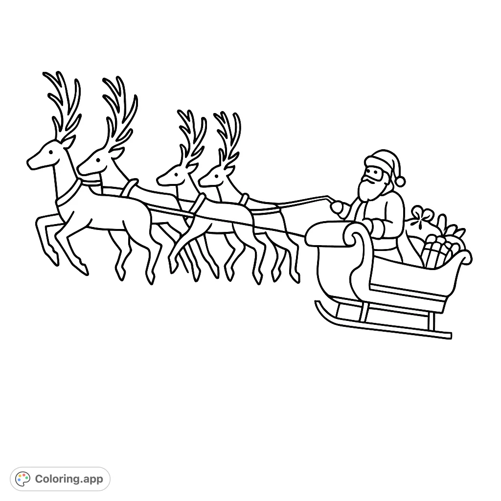A grand festive display featuring Santa's sleigh pulled by reindeer across a building facade, perfect for holiday coloring fun.