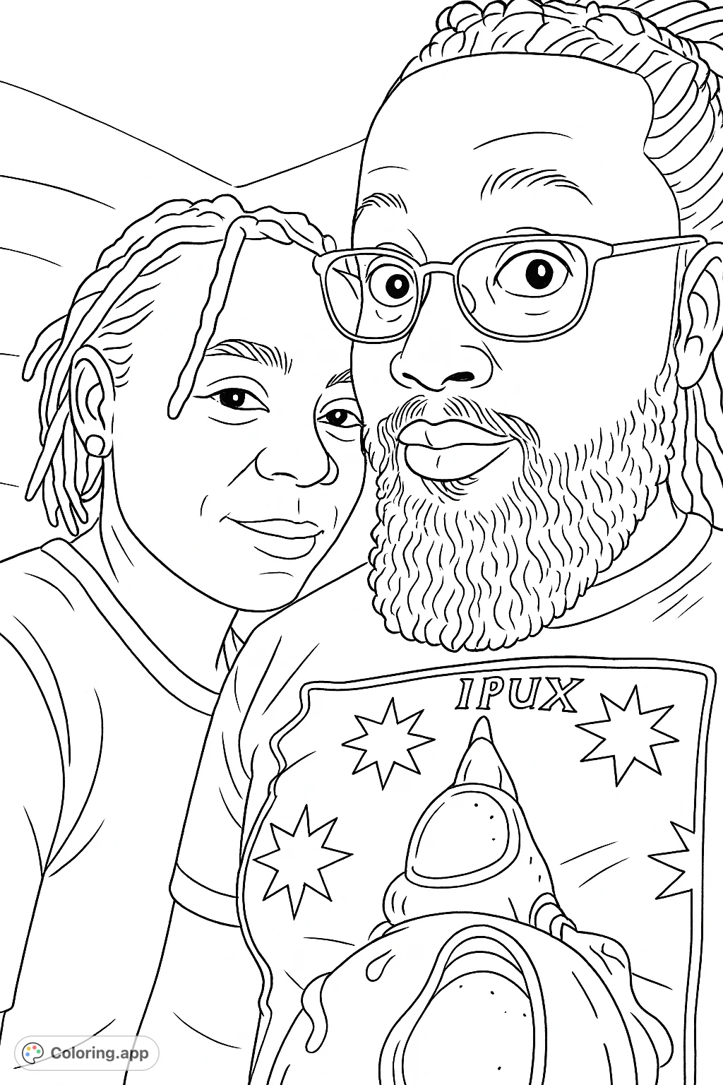 A heartwarming portrait of two individuals, one wearing a unique graphic t-shirt. Perfect for personalizing with your favorite colors and celebrating connection.