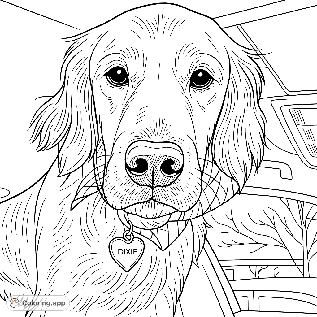 A heartwarming golden retriever coloring page featuring a loyal dog in a car, complete with a heart-shaped tag. Perfect for dog lovers of all ages!