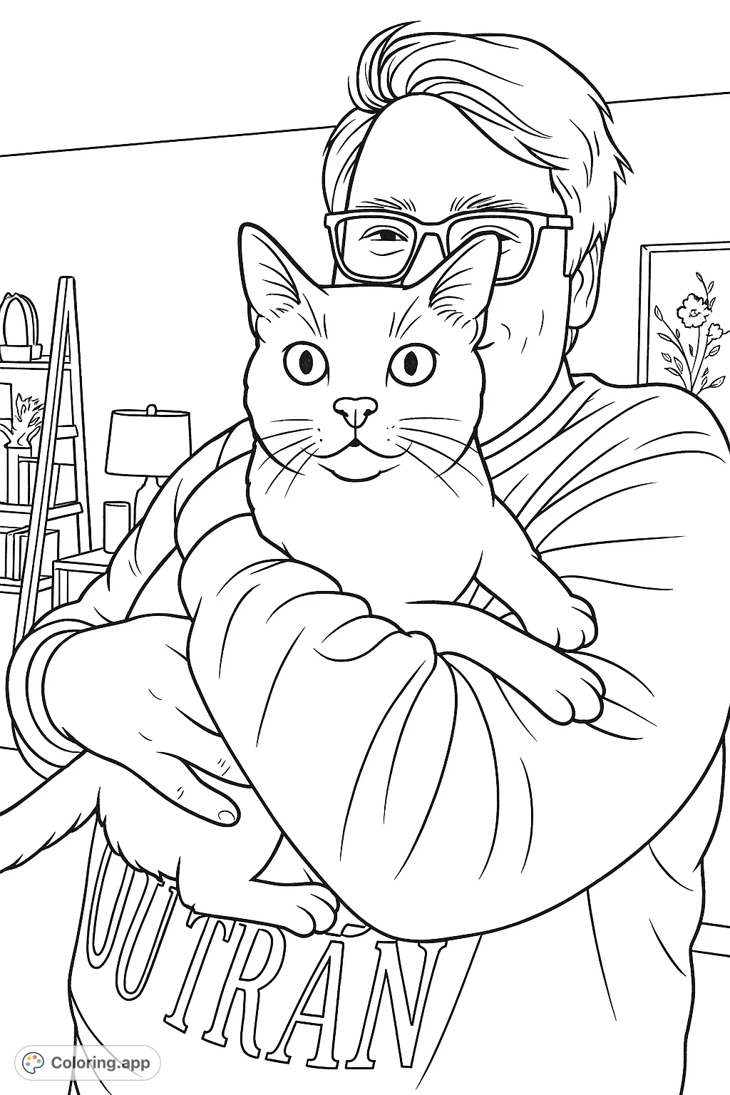 A heartwarming scene featuring a person gently holding a domestic feline, perfect for animal lovers. Enjoy coloring this cozy moment.