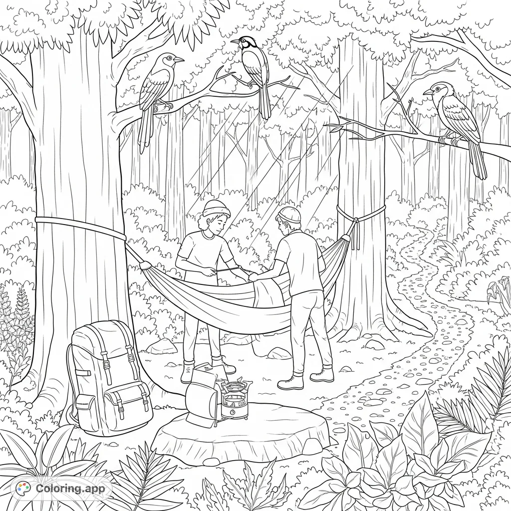 Discover a serene jungle adventure coloring page featuring two adventurers setting up camp amidst lush foliage, exotic birds, and dappled light.