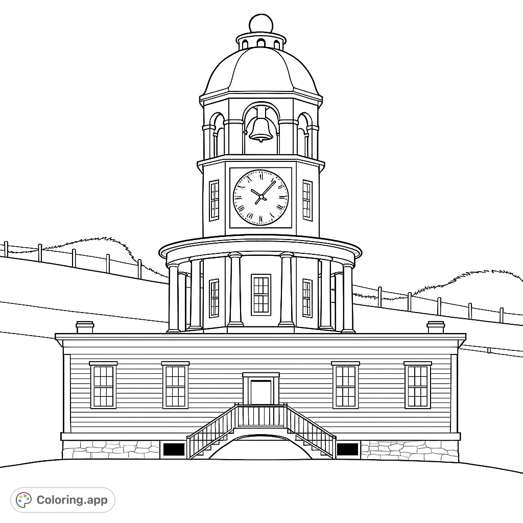 A majestic clock tower stands proudly on a grassy hill, featuring intricate architectural details and a prominent clock face, ready for your creative touch.