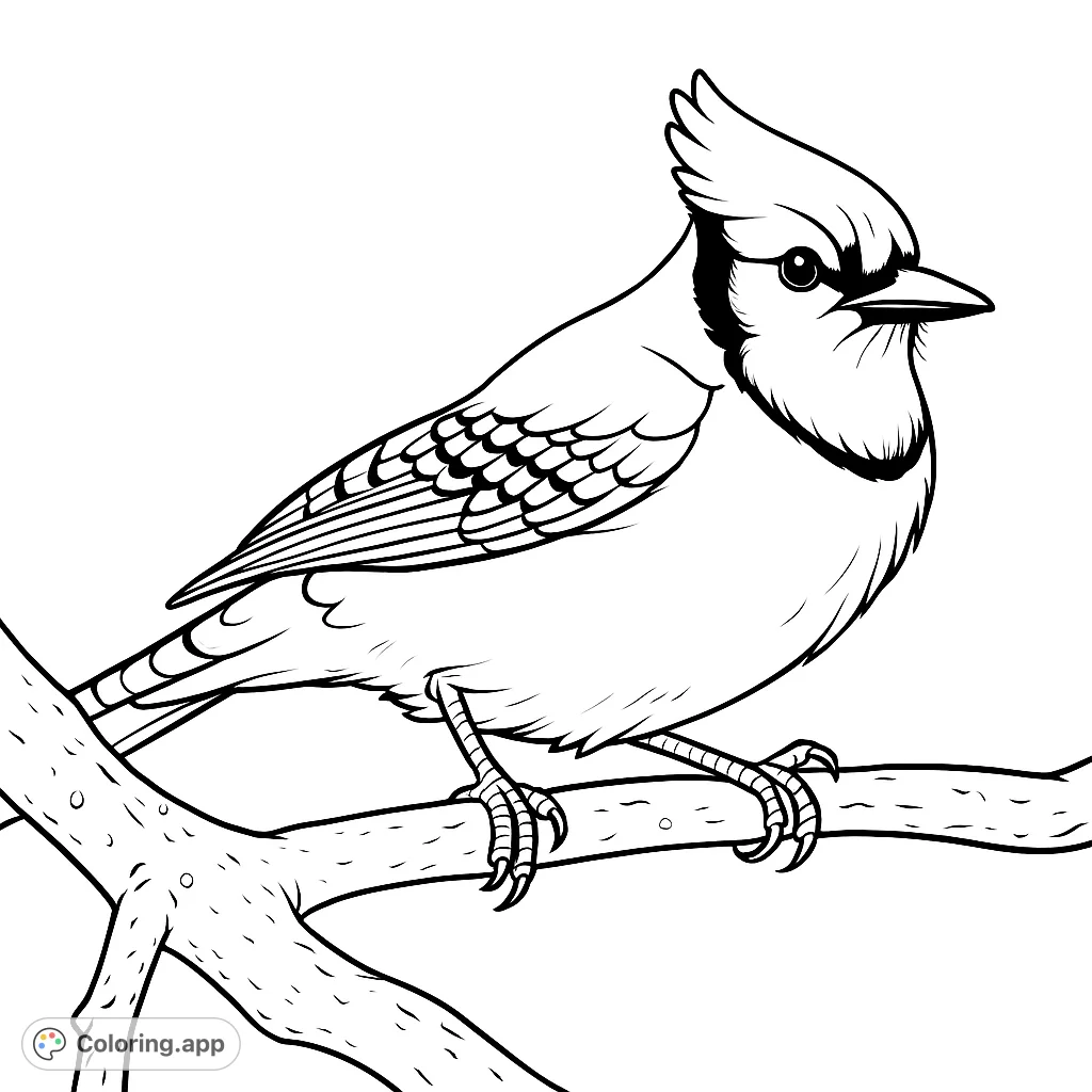 A majestic crested bird perches on a textured branch, showcasing intricate feather patterns and a detailed natural setting. A beautiful bird coloring page.
