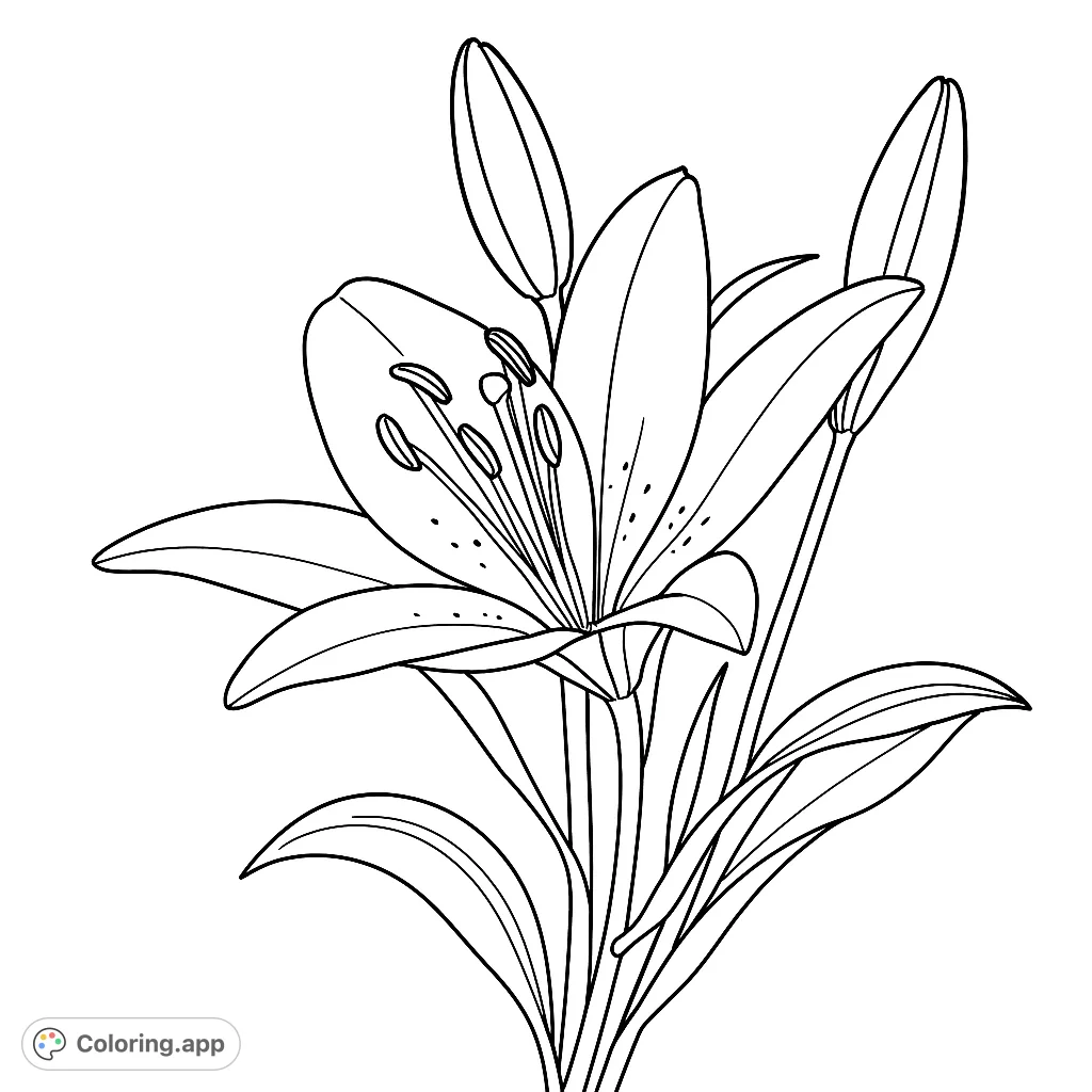 Discover the serene beauty of a lily bloom with two delicate buds. A graceful floral coloring page perfect for relaxation and artistic expression.