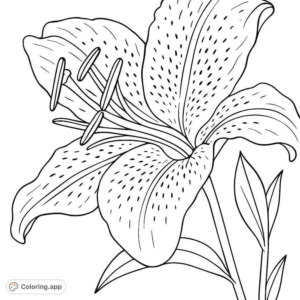 Detailed lily bloom with speckled petals and prominent stamens, perfect for a relaxing floral coloring experience.