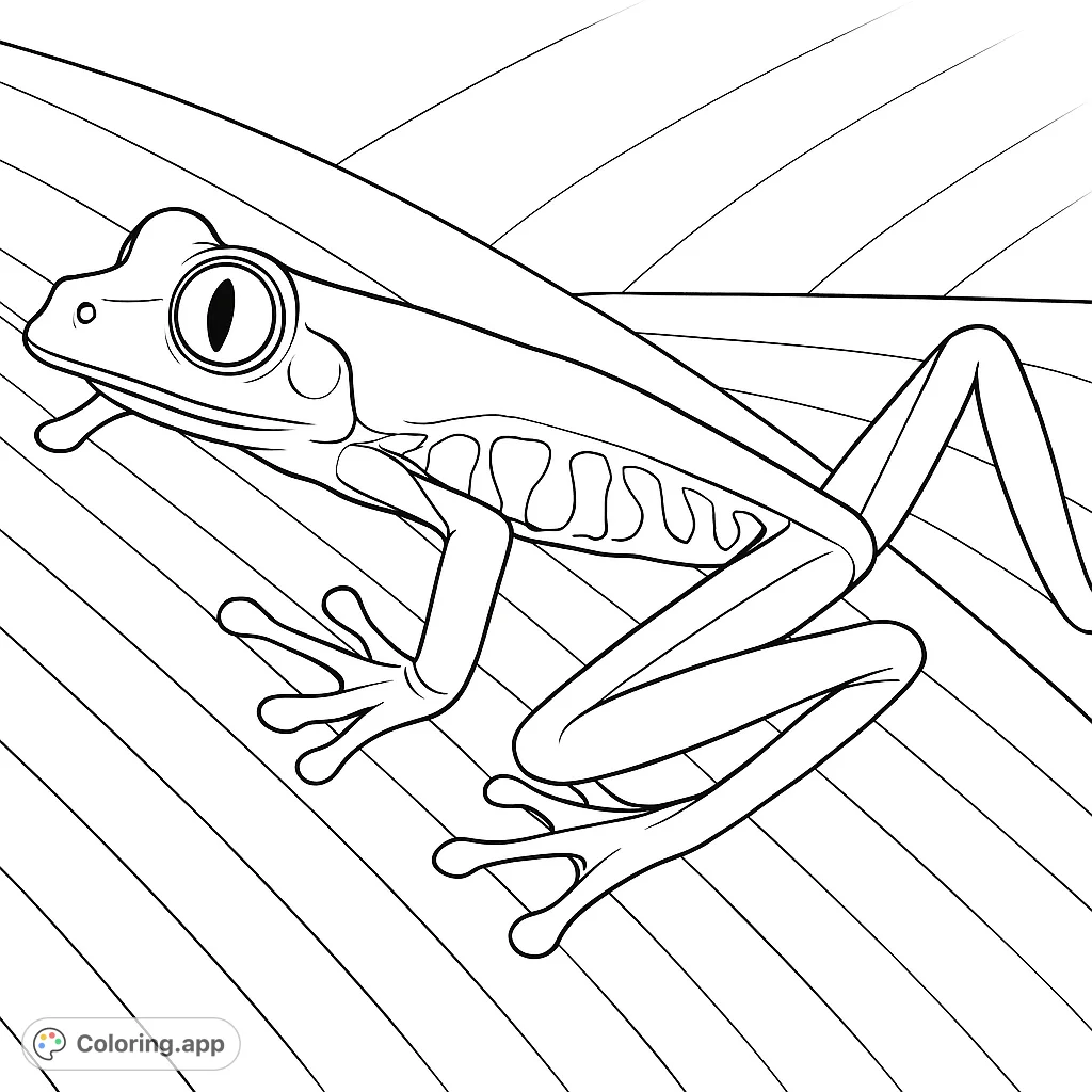 Discover an exotic tree frog perched on a textured leaf. A captivating nature coloring page for all ages, perfect for exploring vibrant shades.