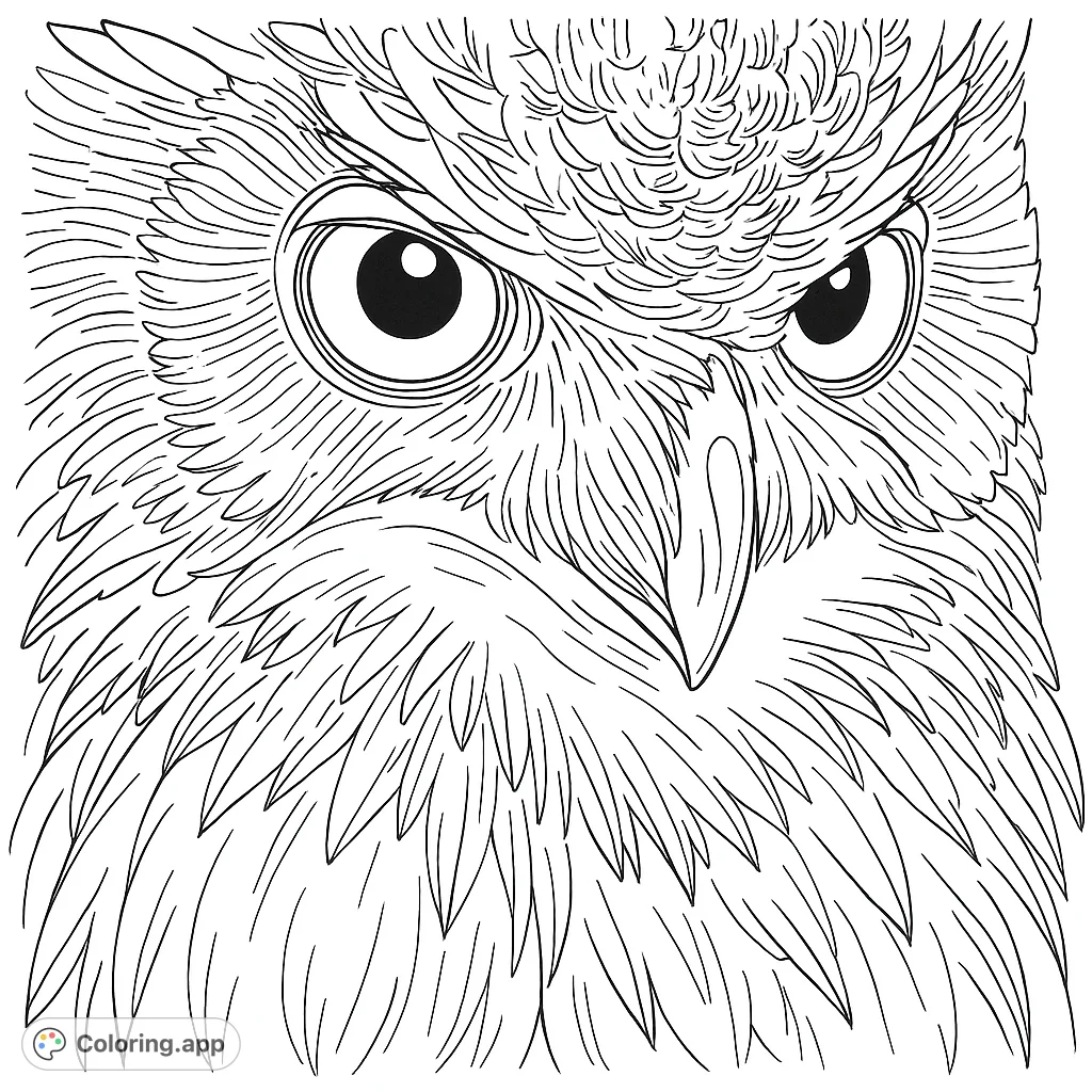 A captivating close-up of a majestic owl's face, featuring its intense gaze and intricate feather patterns. A detailed nature coloring page.