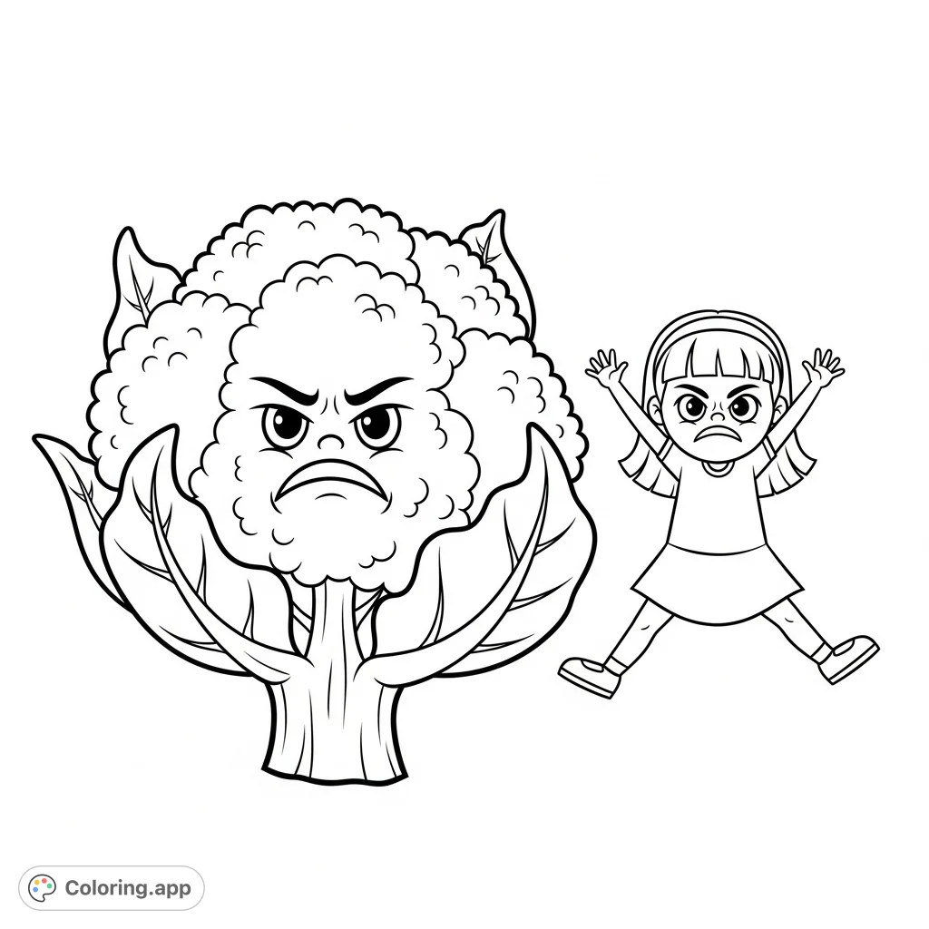 A whimsical coloring page featuring a frowning cartoon cauliflower alongside a girl doing jumping jacks, also with a frown. Explore emotions and healthy habits.