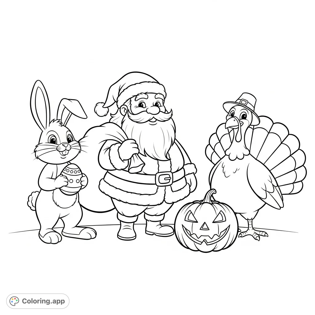 A delightful holiday characters coloring page featuring Santa, Easter Bunny, Thanksgiving turkey, and a jack-o-lantern, perfect for young artists.
