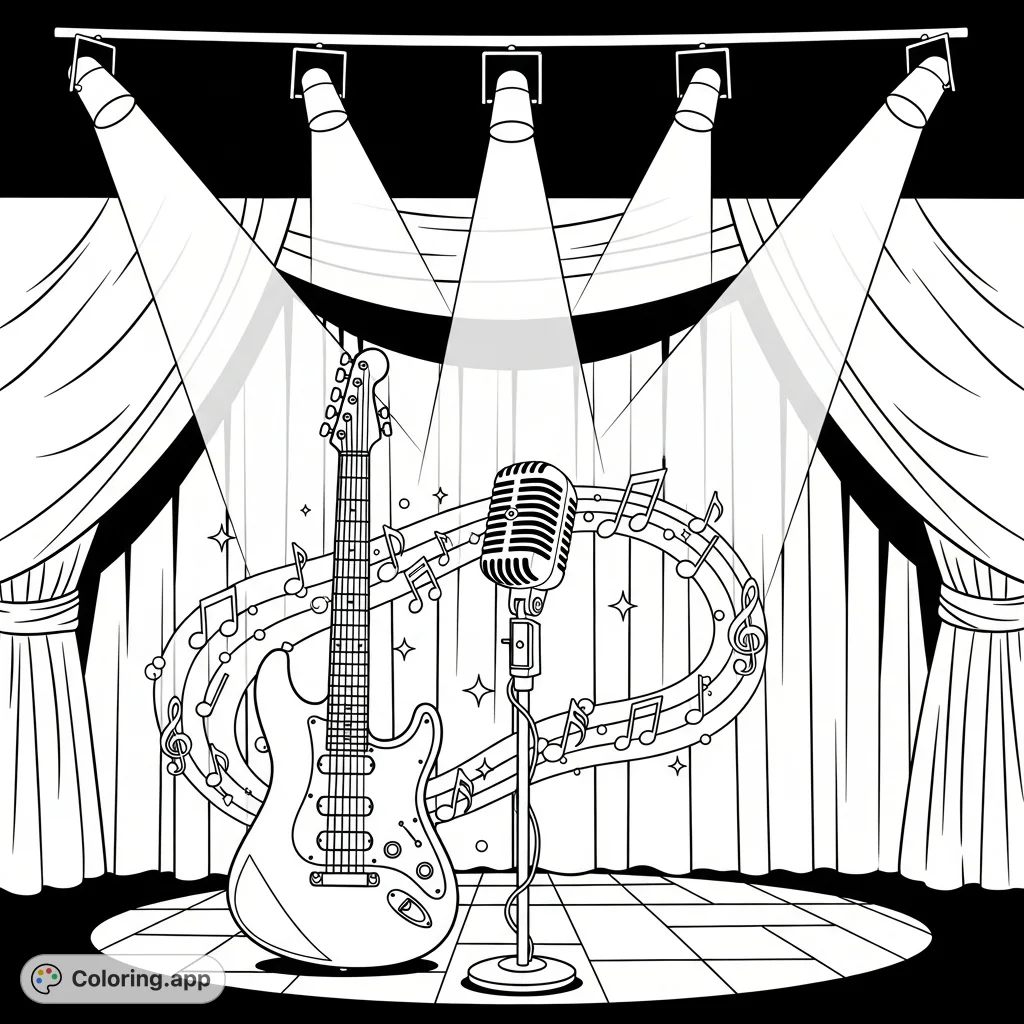 A captivating coloring page featuring an electric guitar and microphone on a stage, surrounded by swirling magical musical notes and ethereal elements.