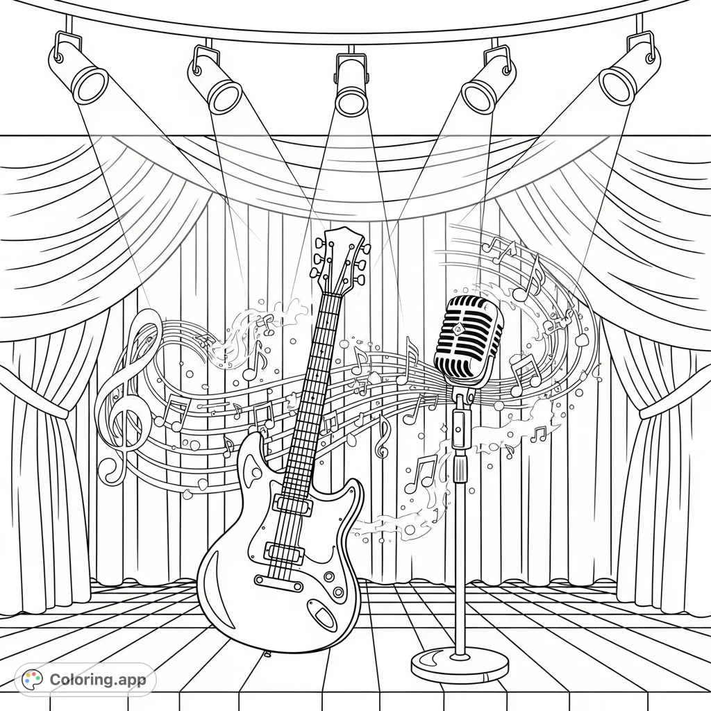A captivating coloring page featuring an electric guitar and microphone on a stage, surrounded by swirling magical musical notes and ethereal elements.
