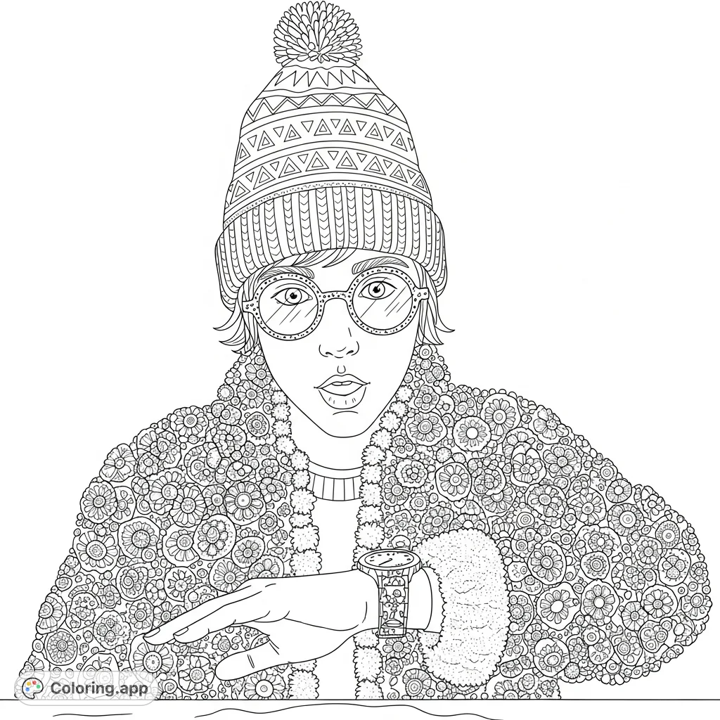 An intricate portrait featuring a person with expressive features, round glasses, a patterned conical hat, and a highly textured jacket.