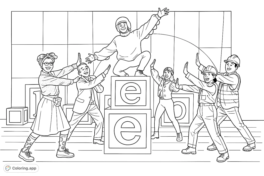 A vibrant stage performance featuring a bird-costumed character atop letter blocks, surrounded by an energetic ensemble. A fun, theatrical coloring page.