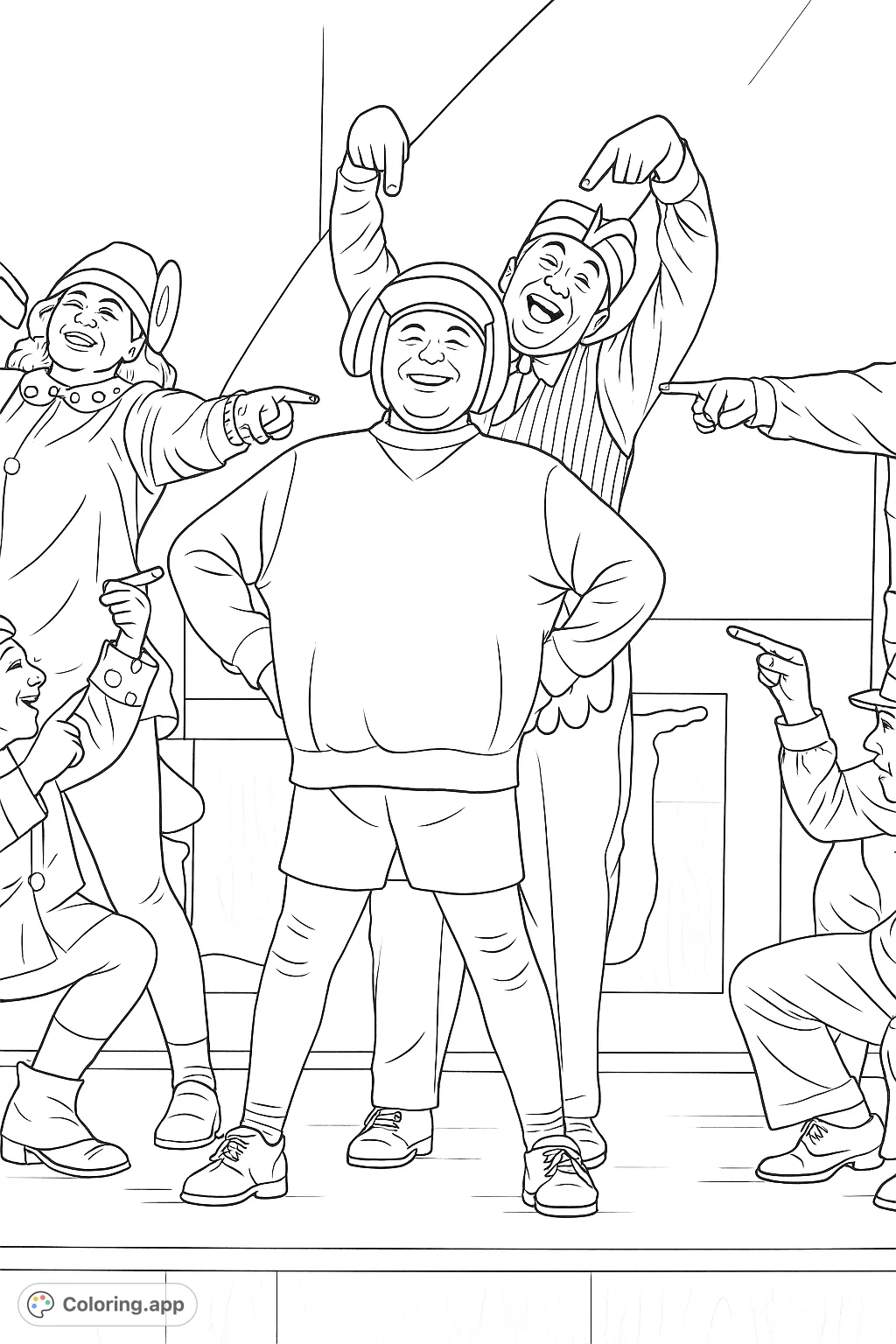 A lively scene featuring a central character in a unique costume, surrounded by other performers pointing and smiling. Perfect for a fun coloring adventure.
