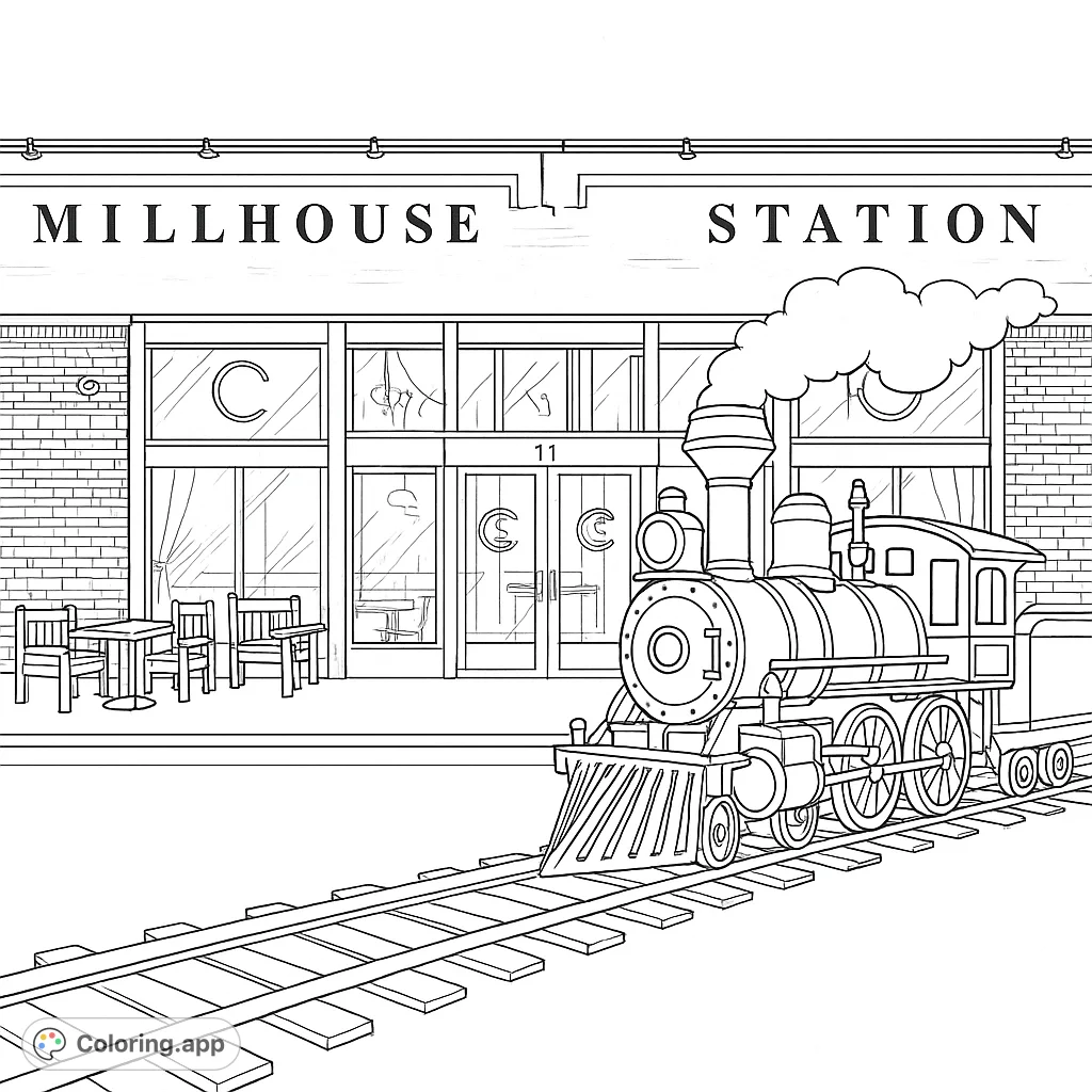 An anime-inspired Millhouse Station train coloring page, featuring a detailed building, outdoor seating, and a train on tracks. A free printable coloring page for teens and adults.