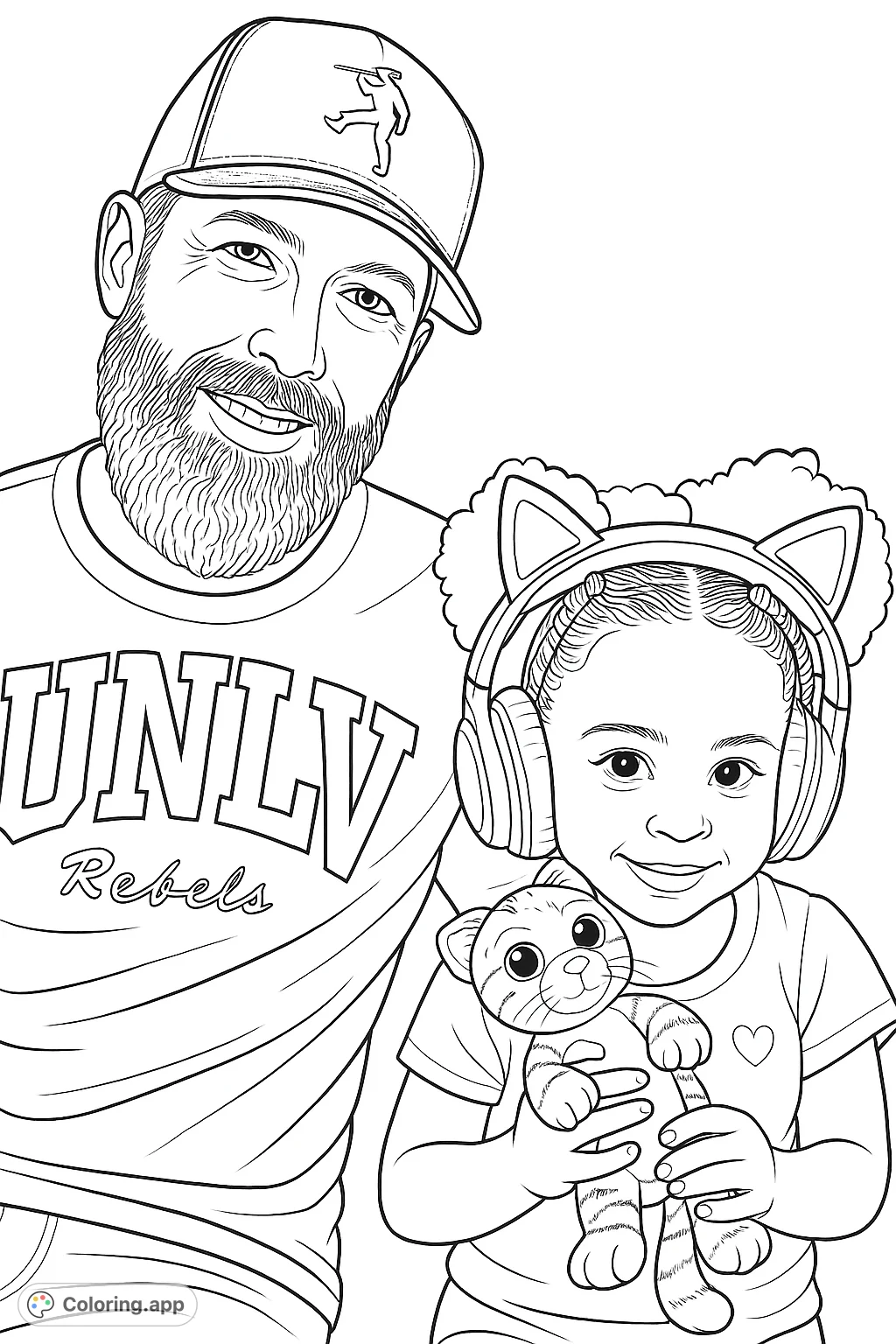 A heartwarming coloring page featuring a smiling man and child, the child wearing cat-ear headphones and holding a cute stuffed animal.