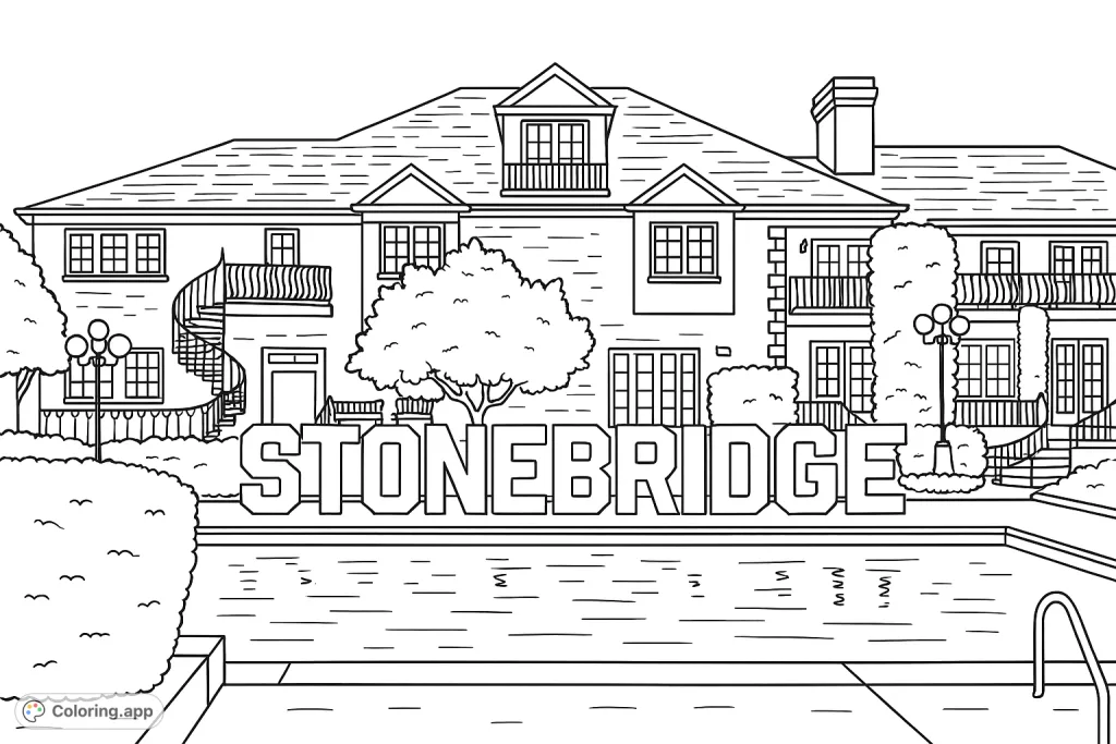 Color a magnificent estate featuring a grand brick building, a sparkling pool, and prominent 'STONEBRIDGE' marquee letters. A luxurious architectural scene.