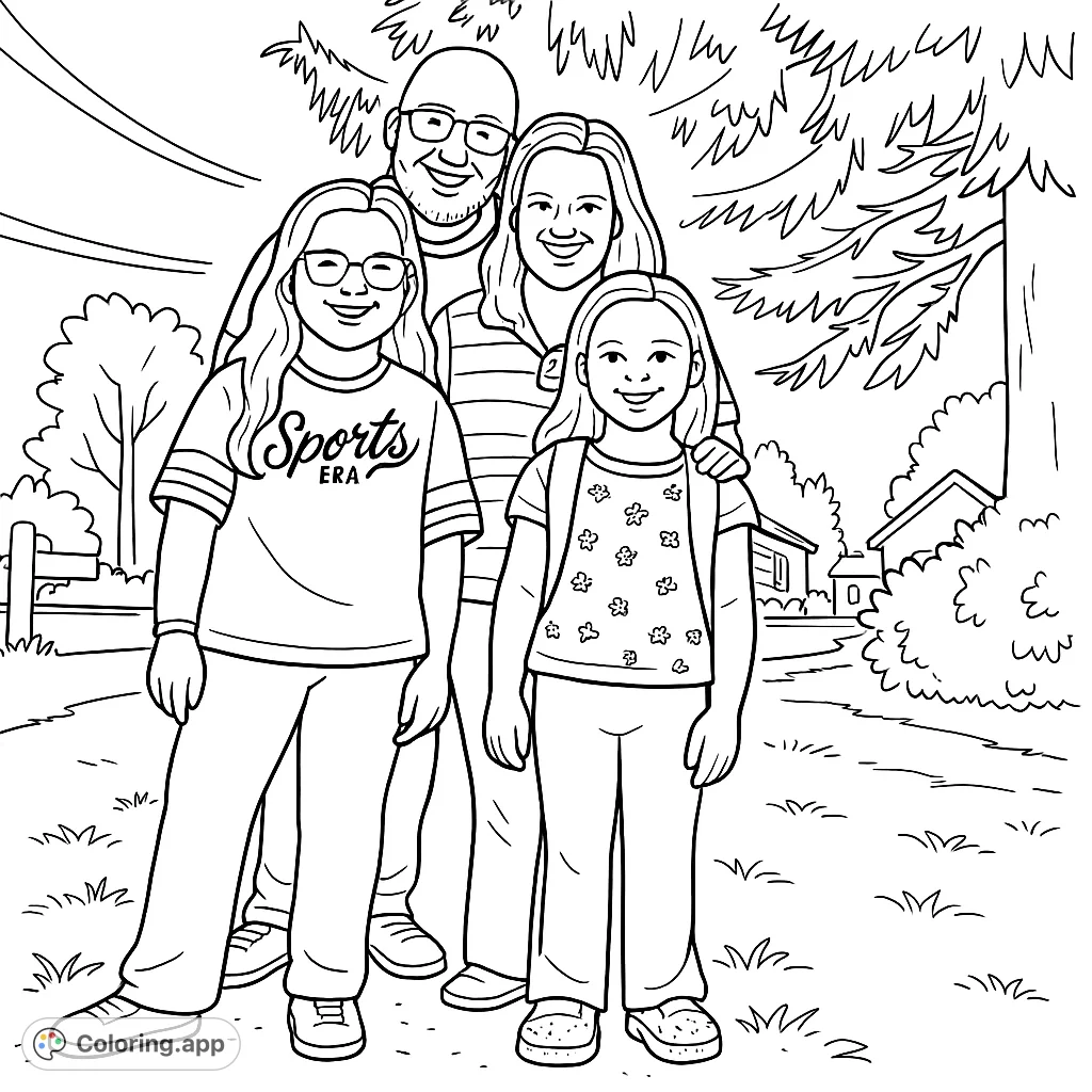 A heartwarming family portrait featuring two adults and two children smiling outdoors, ready for a fun day. Perfect for a cartoony style coloring page.