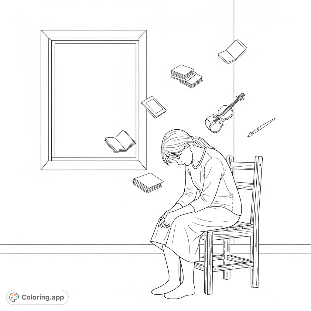 A poignant coloring page depicting a young woman in quiet contemplation, surrounded by the faint echoes of lost possibilities in a stark, empty room.